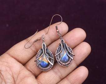 Labradorite Earrings: Copper Wire Wrap, Multi Blue Flash Gemstone