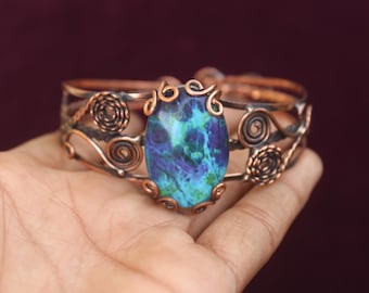 Chrysocolla Copper Bangle: Adjustable Wire Cuff Bracelet