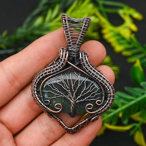 Tree of Life Moss Agate Pendant: Oxidized Copper Wire Wrapped Jewelry