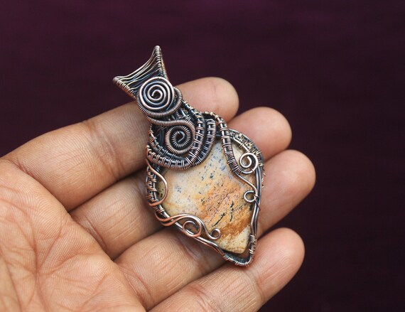 Oxidized Copper Wire Wrapped Picture Jasper Pendant
