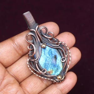 Unique Sky Blue Flashy Labradorite Copper Pendant/ Gemstone Copper Wire Wrap Pendant Jewelry/ Gift Pendant/ Oxidize Polish Pendant,