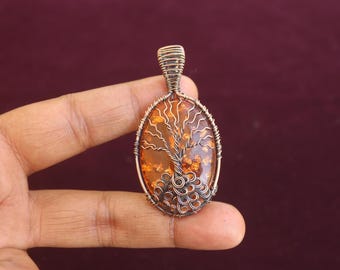 Tree Of Life Baltic Amber Pendant: Handmade Copper Wire Wrap Jewelry