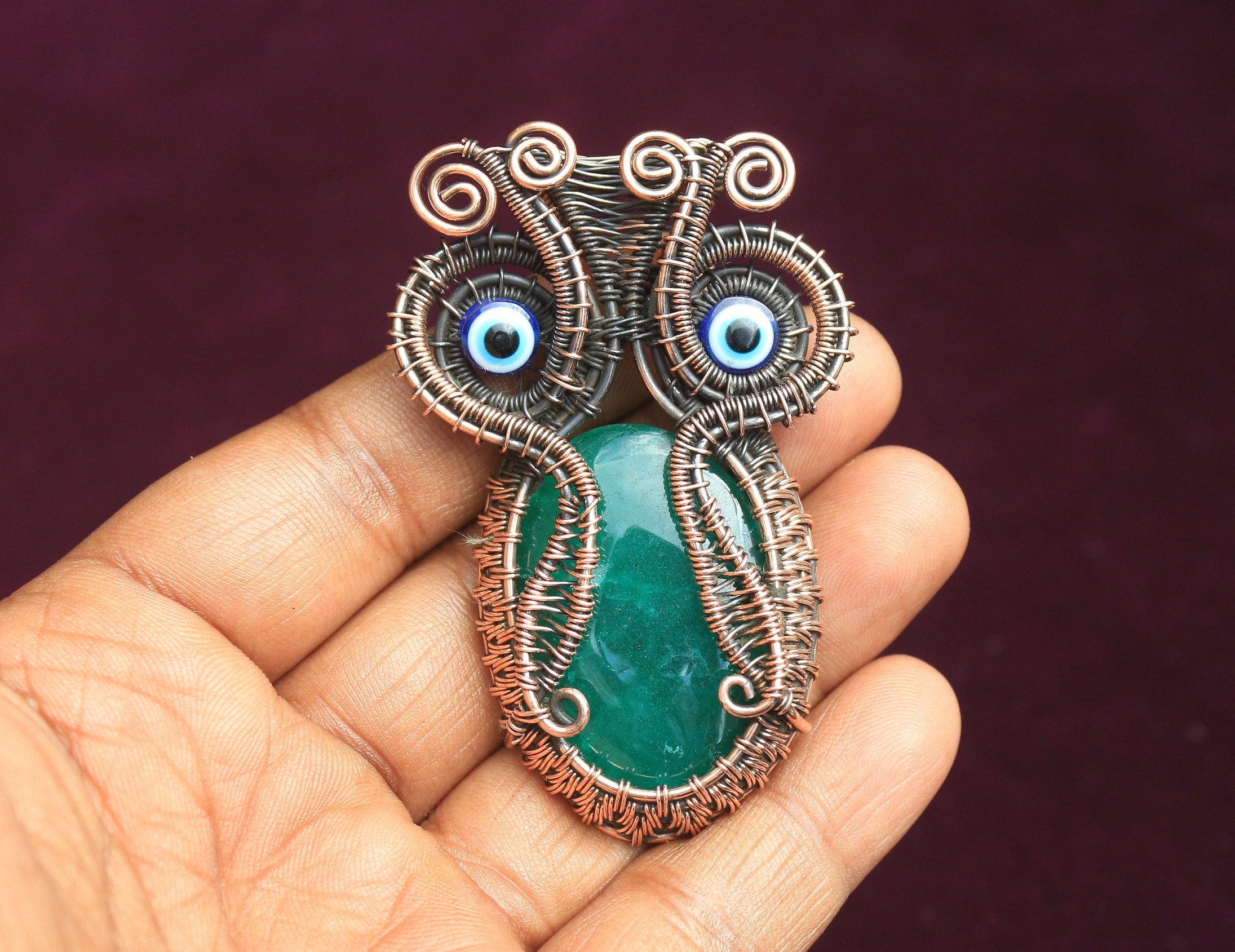 Owl Emerald Gemstone Copper Wire Wrap Pendant
