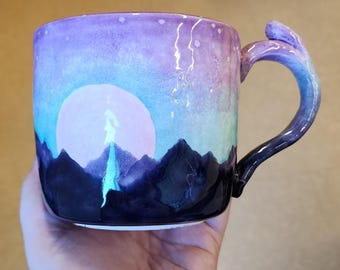 Taza OOAK con diseño de puesta de sol en colores pastel