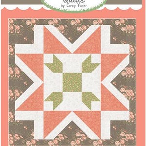 May include: A quilt pattern titled "Barn Star 9" by Coriander Quilts. The design features a central star motif in coral, white, and green, set against a floral patterned background. The overall color scheme is warm and inviting.