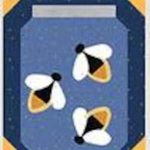 May include: A fabric square featuring a blue jar with three stylized bees inside. The bees have white wings, black bodies, and yellow and orange accents. The jar is outlined in dark blue with a gold border.