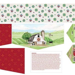 May include: A printable paper craft kit featuring a red barn with a white quilt block pattern, a green field, and a blue sky. The kit includes instructions and patterned paper for creating a 3D model.