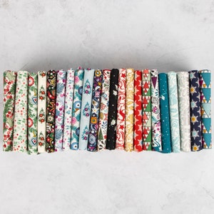May include: A collection of 20 fabric scraps featuring a variety of festive patterns, including snowflakes, stars, trees, and baubles. The fabrics are in a range of colours, including red, green, blue, white, and gold.