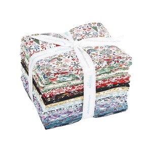 May include: A stack of 18 fabric squares featuring a variety of Christmas-themed prints. The fabric squares are tied together with a white ribbon with the text "Riley Blake Designs" printed on it.