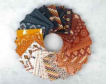 May include: A circular arrangement of fabric squares in various shades of orange, brown, and teal. Each square features a different geometric or animal-themed pattern, including diamonds, triangles, and horse silhouettes. The fabrics are arranged on a light gray surface.