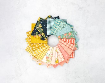 May include: A collection of 18 fabric squares in various floral, geometric, and solid patterns. The squares are arranged in a circle, with the colors ranging from yellow to blue to pink.