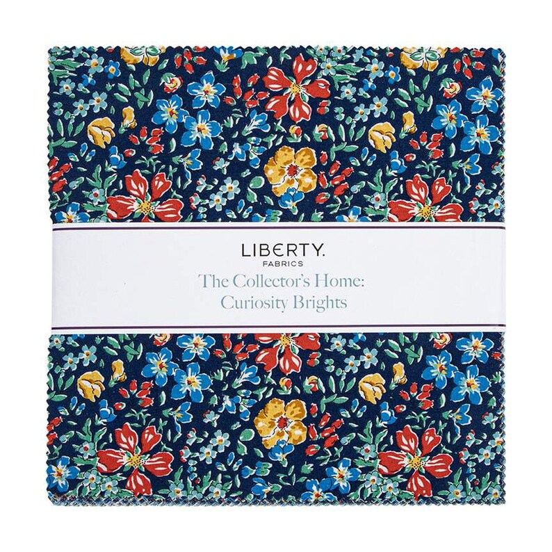 May include: A pack of fabric squares featuring a floral print in shades of blue, red, yellow, and green on a dark blue background. The fabric is labeled "Liberty Fabrics The Collector's Home: Curiosity Brights."