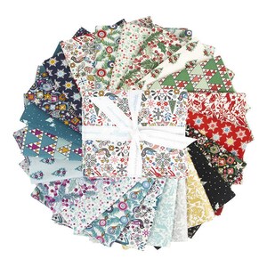 May include: A collection of 24 fabric squares featuring a variety of Christmas-themed patterns. The squares are arranged in a fan shape and tied together with a white ribbon. The patterns include snowflakes, stars, trees, birds, and other festive designs. The fabrics are in a variety of colours, including red, green, blue, white, and gold.