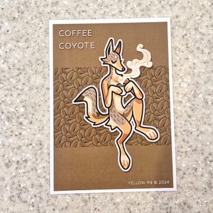 Impresión postal de coyote de café de 5" x 7"
