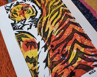 Foliage Tiger Linocut Print
