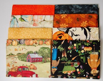 Autumn Fabric Bundle, 8 Fat Quarters for Fall Quilting and Halloween Sewing