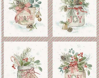Könnte beinhalten: Ein Stoffpaneel mit vier Aquarellillustrationen von weihnachtlichen Gefäßen, gefüllt mit Tannenzweigen, Tannenzapfen und roten Beeren. Die Gefäße sind mit den Wörtern HOPE, JOY, HOME SWEET HOME und NOËL beschriftet und mit Bändern und Glocken verziert.