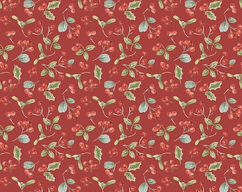 Könnte beinhalten: Ein roter Stoff mit einem sich wiederholenden Muster aus Stechpalmenblättern, Misteln und roten Beeren im Aquarellstil. Ein weißes Lineal am unteren Rand zeigt eine 30-cm-Skala mit dem Text Riley Blake Designs.