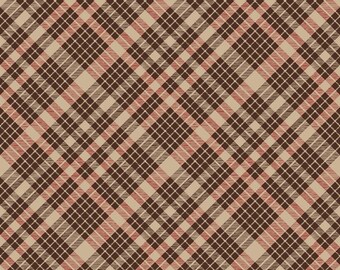 Könnte beinhalten: Ein Stoffmuster mit einem diagonalen Schottenkaro-Muster in den Farben Dunkelbraun, Beige und gedämpftem Rot. Das Design weist eine schraffierte Textur auf. Ein Lineal am unteren Rand zeigt Maße von 0 bis 12 Zoll an.