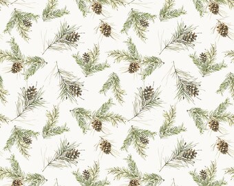 Pinecone Fabric in Cream, Half Yard Christmas Print by Riley Blake Designs