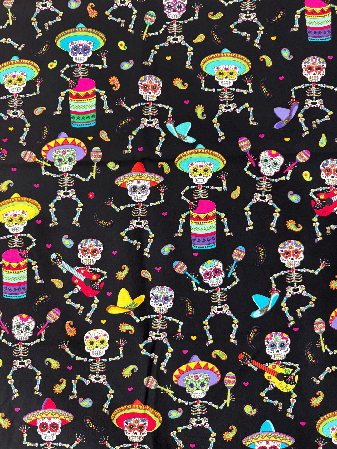 Timeless Treasures Day of the Dead Fabric, Dancing Skeletons, Sombreros ...