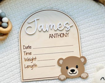 Letrero de anuncio de nacimiento de osito de peluche / Letrero personalizado con nombre de recién nacido para hospital / Decoración para habitación de bebé
