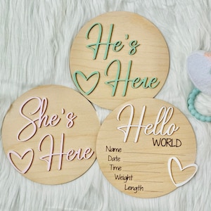 She's Here, He's Here,  Hello World Birth Announcement Sign, 3d Acrylic Sign, Personalized Baby Gift, Birth Stats, Customizable