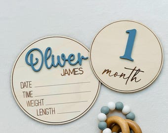 Baby Boy Monthly Milestone Markers | Milestone Disc Sign | Personalized Name Plaque | Newborn Photo Prop