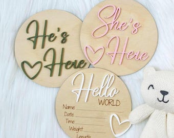He's Here She's Here Baby Sign | Hello World Newborn Keepsake | 3D Wood Hospital Plaque