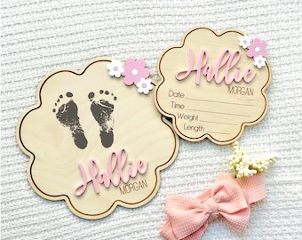 Baby Girl Birth Announcement Sign | Floral Baby Stats & Footprint Keepsake | Scalloped Newborn Photo Prop