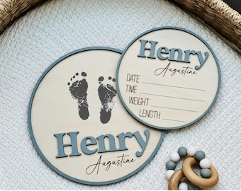 Baby Boy Announcement Sign | Baby Name Plate for Hospital | Birth Stat Sign | Baby Footprint Keepsake