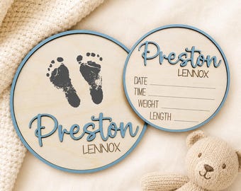 Birth Announcement Sign | Hospital Baby Name Plaque | Birth Stats & footprint Keepsake