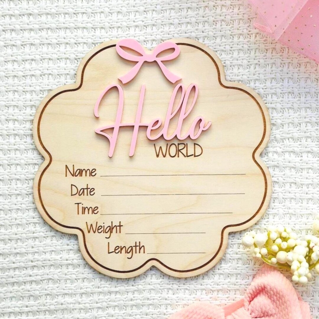 Hello World Birth Announcement Sign | Baby Girl Stats With Pink Bow ...