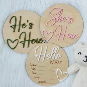 He&#39;s Here Announcement Sign, She&#39;s Here Baby Sign,  Hello World Birth Announcement Sign, 3d Acrylic Newborn Hospital Sign, New Baby Gift
