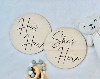Engraved Wooden Baby Announcement Sign: He's Here, She's Here