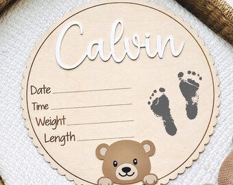 Letrero de anuncio de nacimiento con datos de nacimiento y huellas de pies / Accesorio personalizado para fotos de hospital / Letrero de osito de peluche