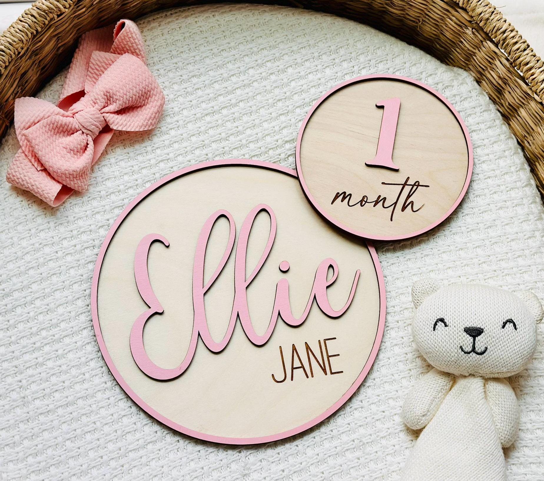Baby Monthly Milestone Set + Name Sign | Wooden 1–12 Monthly Discs ...