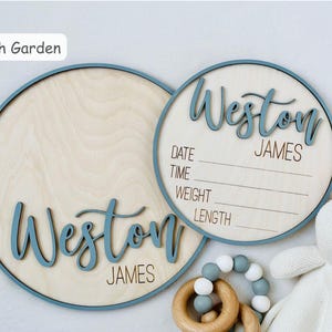 May include: Two wooden baby announcement signs with the name "Weston James" in a blue script font. One sign is a solid circle, the other has lines for date, time, weight, and length. A white teddy bear and a wooden teether are in the image.