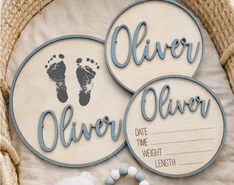 Conjunto personalizado para anunciar el nacimiento del bebé / Letrero con el nombre + Datos de nacimiento + Letrero con la huella del pie / Regalo para fotos de recién nacidos