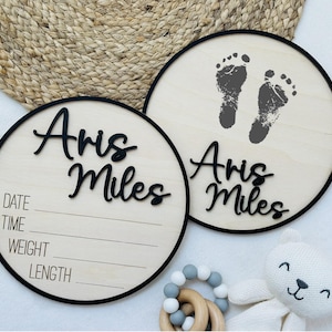 Baby Announcement Sign, Newborn Name Sign, Welcome Baby Sign, Baby Name & Birth Stats Plaque, Hospital Footprint Keepsake, Personalized Wood