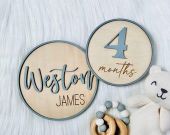 Marcadores mensuales de hitos del bebé / Letrero de disco de hitos / Placa de nombre personalizada de regalo / Accesorio para fotos de recién nacidos