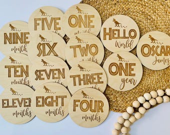 Dinosaur Baby Monthly Milestone Cards | Engraved Wood Monthly Photo Prop | Newborn Keepsake Set