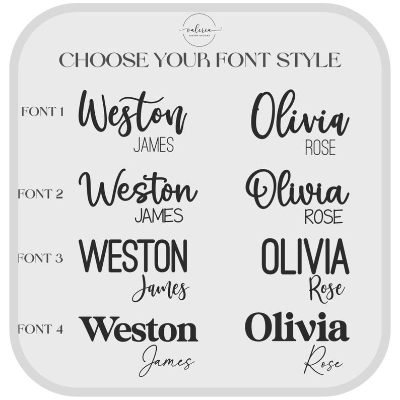 May include: A light grey graphic displaying "CHOOSE YOUR FONT STYLE" and four font options. Each font shows the names "Weston James" and "Olivia Rose" in different styles. A logo is in the top right corner.