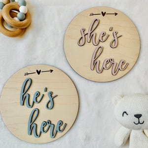 She&#39;s Here Baby Sign, He&#39;s Here birth Announcement Sign, Gender Reveal Sign, Fresh 48 Photos, Newborn Photo Prop, Baby Shower Gift
