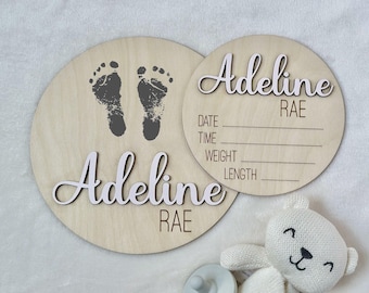 Personalized Baby Announcement Sign | Birth Stats Footprint | Hospital Photo Prop | 3D Wood Plaque