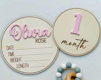 Baby Girl Monthly Milestone Markers | Milestone Disc Sign | Personalized Name Plaque | Newborn Photo Prop