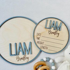 May include: Two wooden baby announcement signs. The larger sign is a circle with a blue border and the name "LIAM" in blue letters. The smaller sign has the name "LIAM Bradley" and lines for date, time, weight, and length. A white teddy bear is in the image.