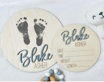 Personalized Birth Announcement Sign | Newborn Hospital Prop | Birth Stats Footprint Keepsake | 3D Wood Plaque