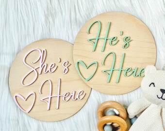 He's Here She's Here Baby Sign | Hello World Newborn Keepsake | 3D Wood Hospital Plaque