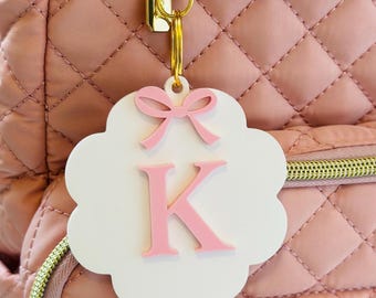 Personalized Diaper Bag Name Tag | Acrylic Bow Backpack Keychain | Custom Initial Girl Tag